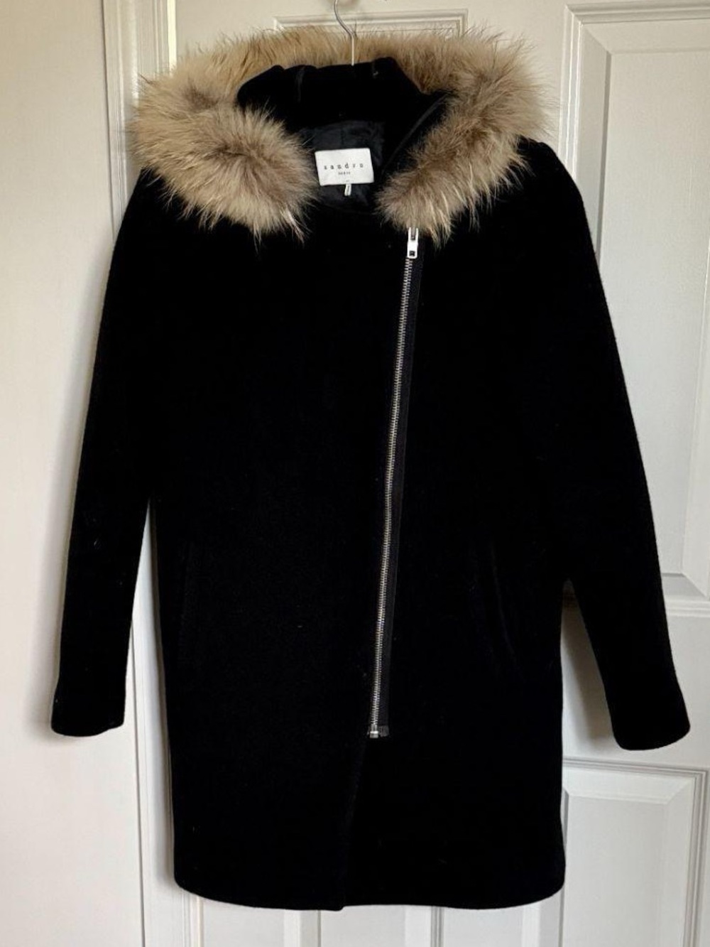 Sandro Wool Coat Fur Trim Hood
